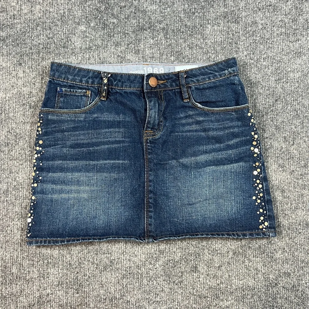Gap 1969 Mini Skirt Girls 14R Blue Whiskered Denim Cotton Sequins‎ Dark Wash